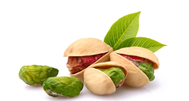 Picture shows pistachios with hard shells, purple skin and green seeds