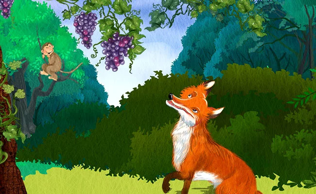 The picture shows a fox in the forest looking at a bunch of grapes.