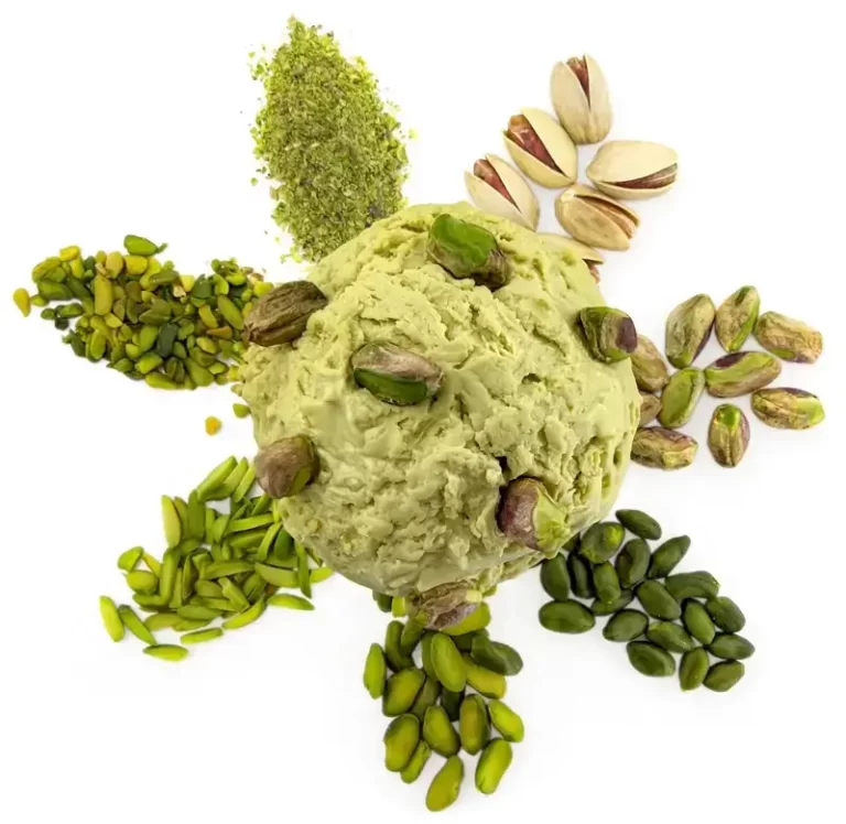 The picture shows a heptagonal pattern of a cup of pistachio ice cream topped with pistachio kernels, with 7 different types of pistachio products extending from it