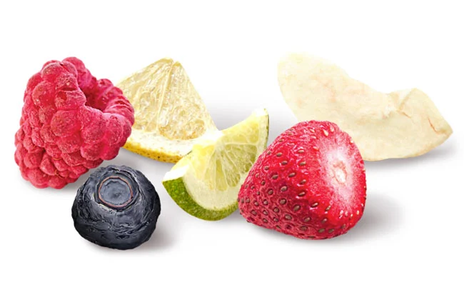 The picture shows a sample of freeze dried fruits. Freeze dried fruits maintain their natural structure and shape