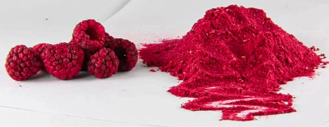 The picture shows a freeze dried raspberry and a freeze dried raspberry powder made from it 