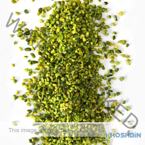 Green chopped pistachios ( 4-6 mm granules) from a close view