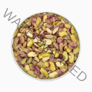 A bowl of pistachio splits (pistachio haves and pieaces)