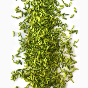 A band of slivered pistachios on a pieace of paper