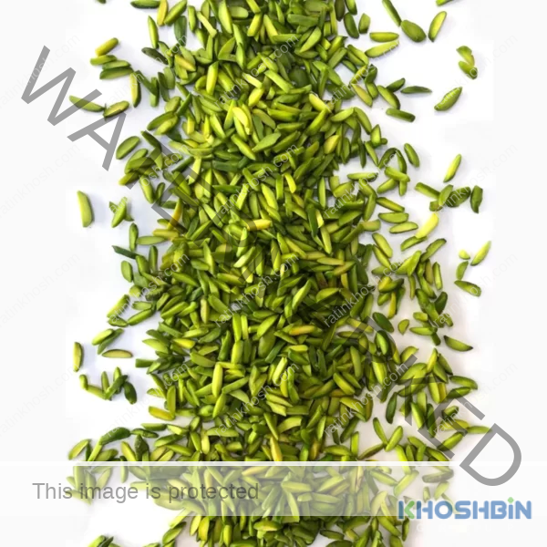 A band of slivered pistachios on a pieace of paper