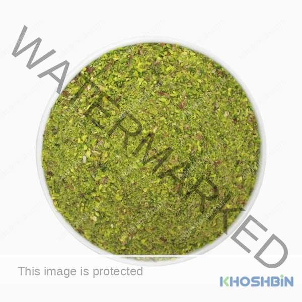 Kaal pistachio granule or meal in a round bowl shown from above